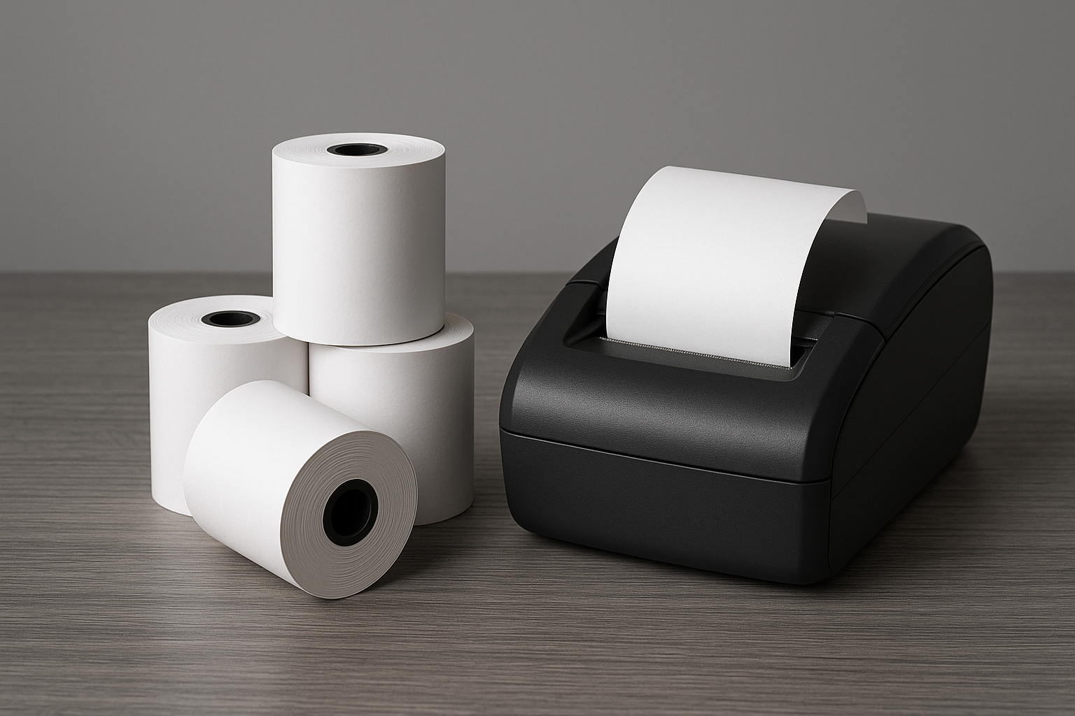 Create a hyper-realistic image of 3 to 4 thermal paper rolls (44mm x 70mm) stacked or arranged on a smooth gray wooden table. Next to the rolls, show a modern POS receipt printer with a receipt partially coming out. The lighting should be natural and soft, casting subtle shadows for depth. The background should be a clean gray tone to keep focus on the products. The image should visually convey the idea of bulk supply and value without any text overlay.